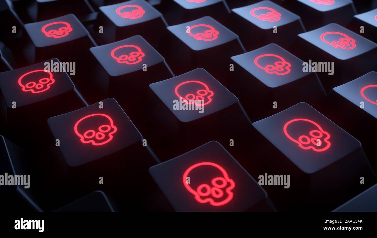 Closeup keyboard with skulls. Infected computer. Stock Photo