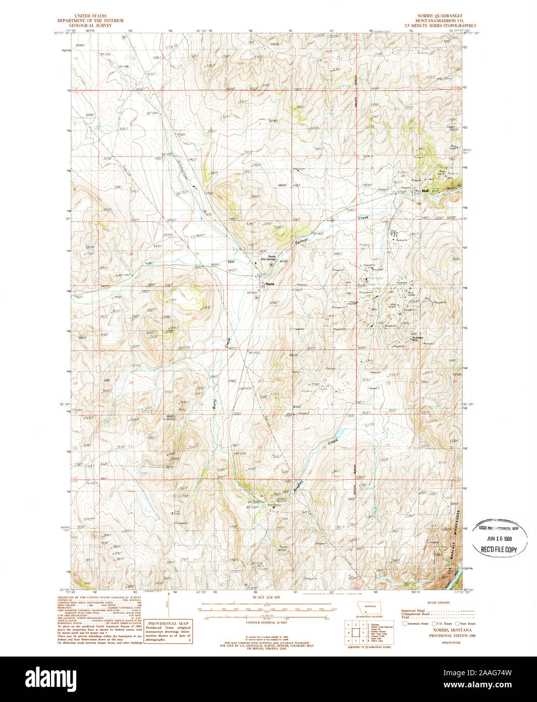 USGS TOPO Map Montana MT Norris 265758 1988 24000 Restoration Stock Photo