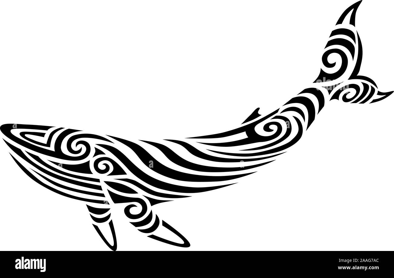 Humpback Whale tattoo tribal stylised maori koru design ideal for tattoo design - easy color change Stock Vector
