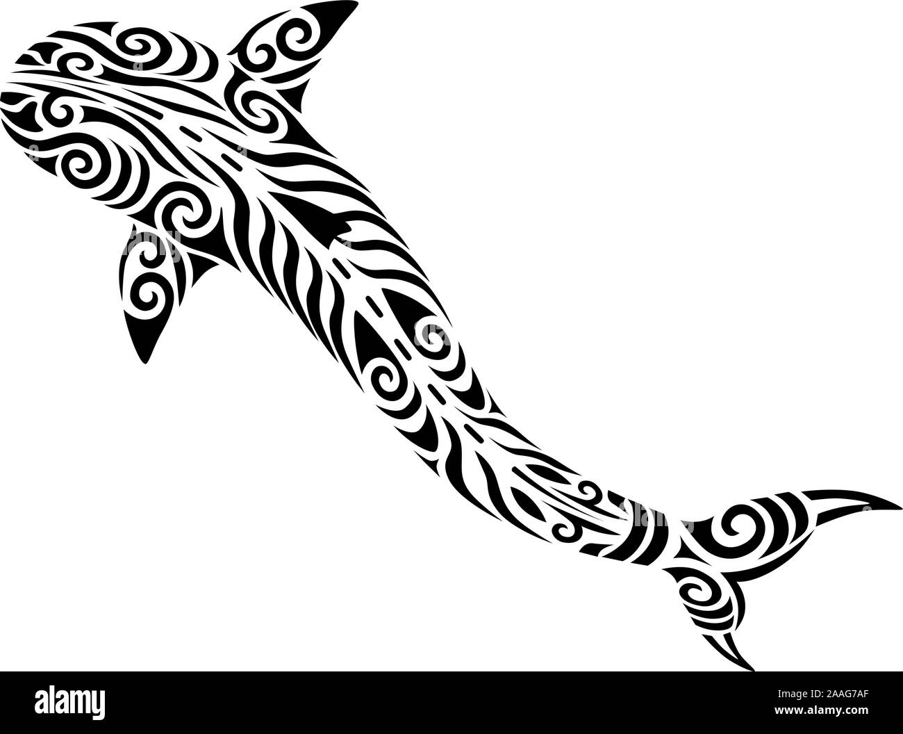 Shark tattoo tribal stylised maori koru design fish ideal for tattoo design - easy color change Stock Vector