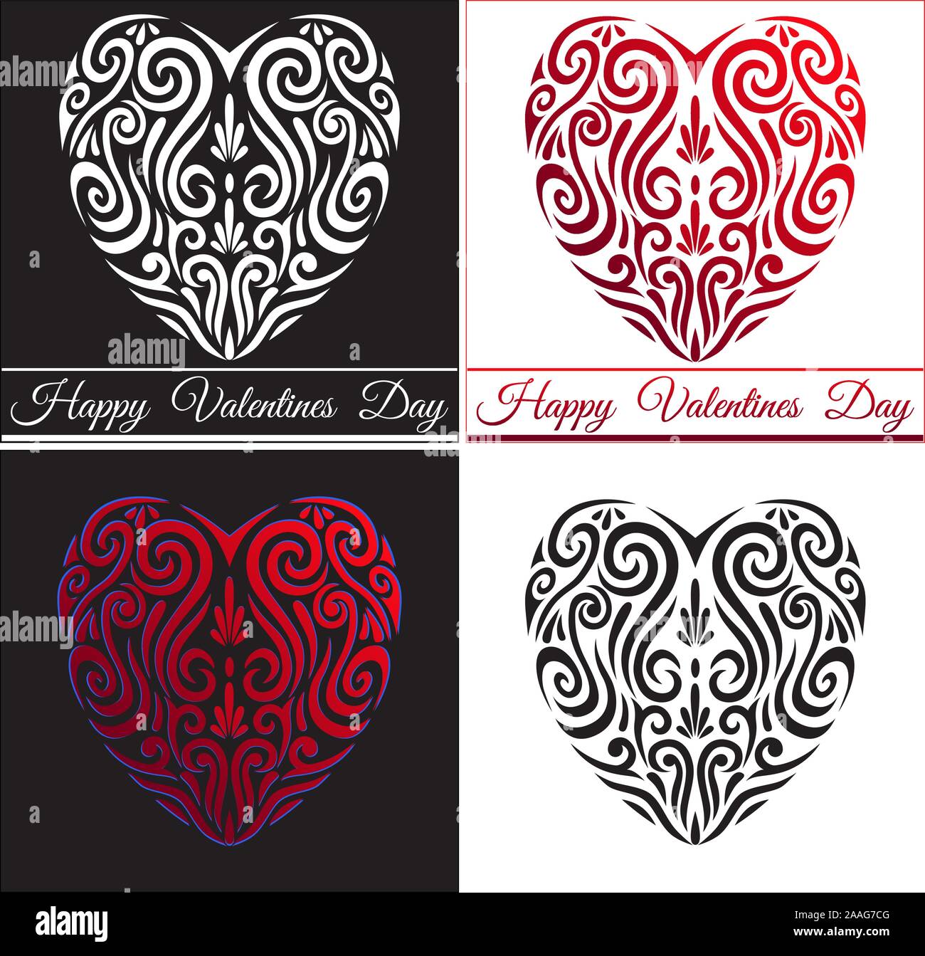 Abstract Valentines day red love heart icon, stylised Maori koru tattoo - four different color ways easy change Stock Vector
