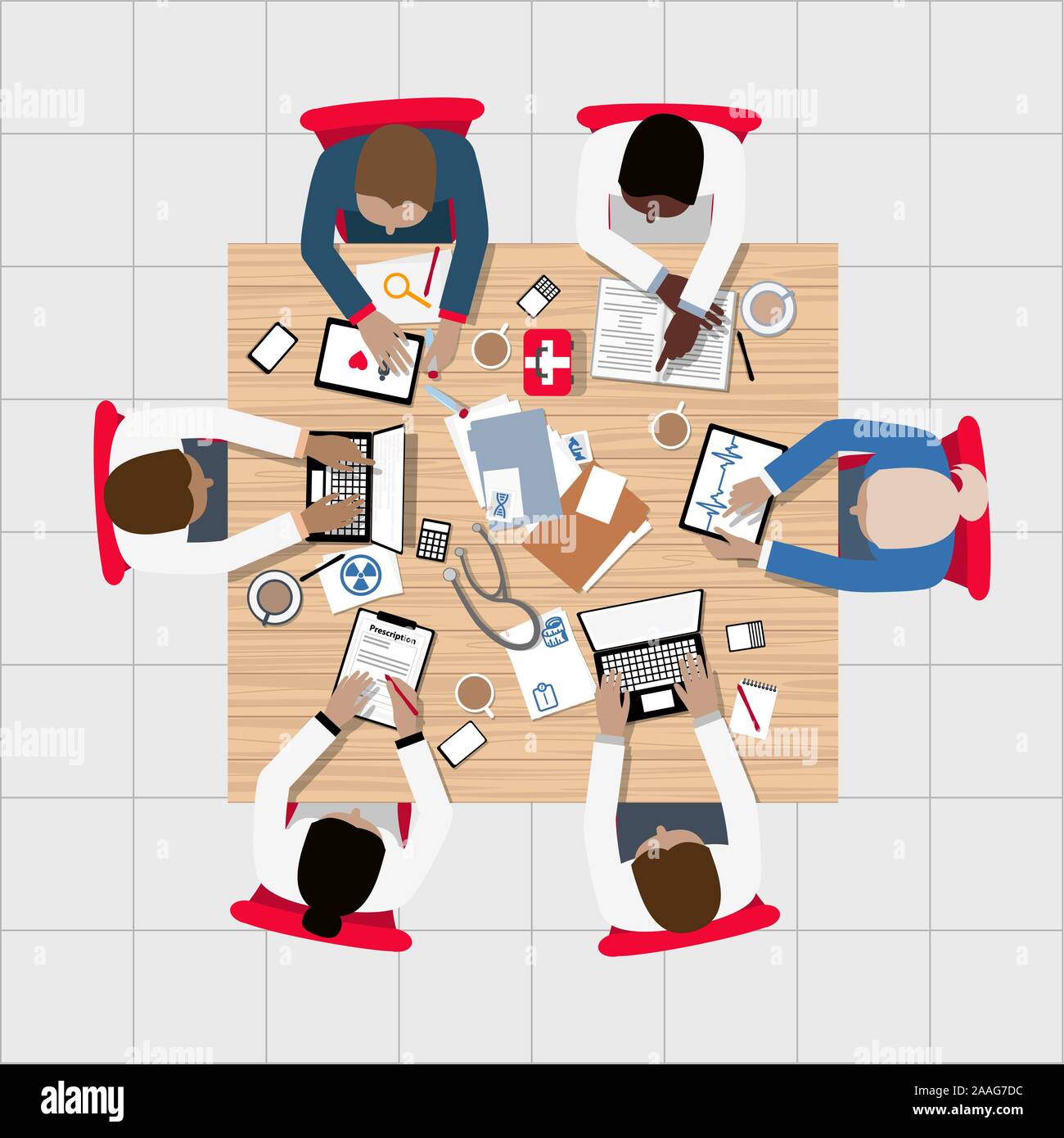 Doctors and Medical Professionals with diversity and equality Meeting around Boardroom Table - stethoscope and computers Stock Vector