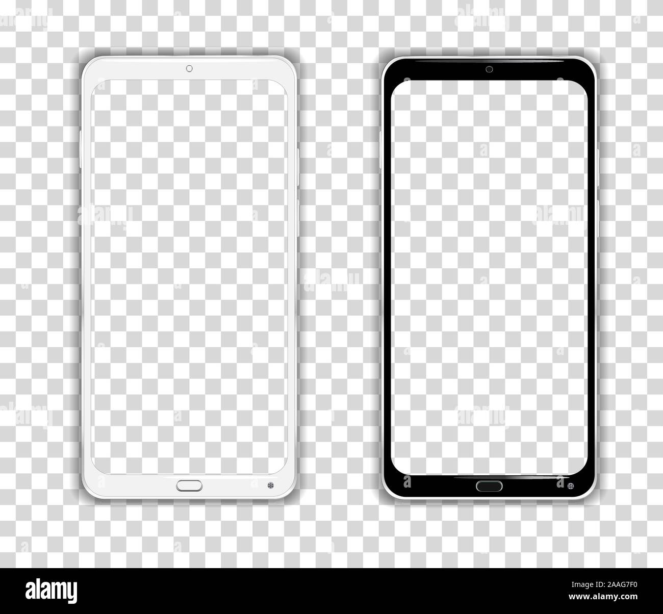 Realistic Cellphone Smartphone Vector of Touchscreen Android Phone frame device on a transparent Grid - fictitious generic design - Ideal to simply ad Stock Vector