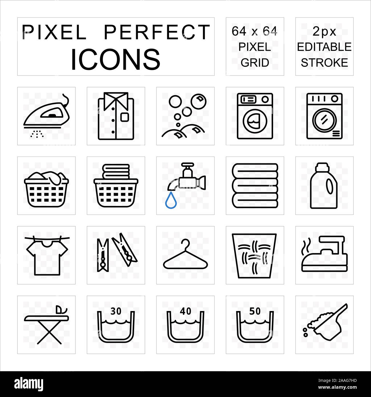 Laundry pixel perfect icon set with washing and housework concept editable 2 pixel stroke Stock Vector