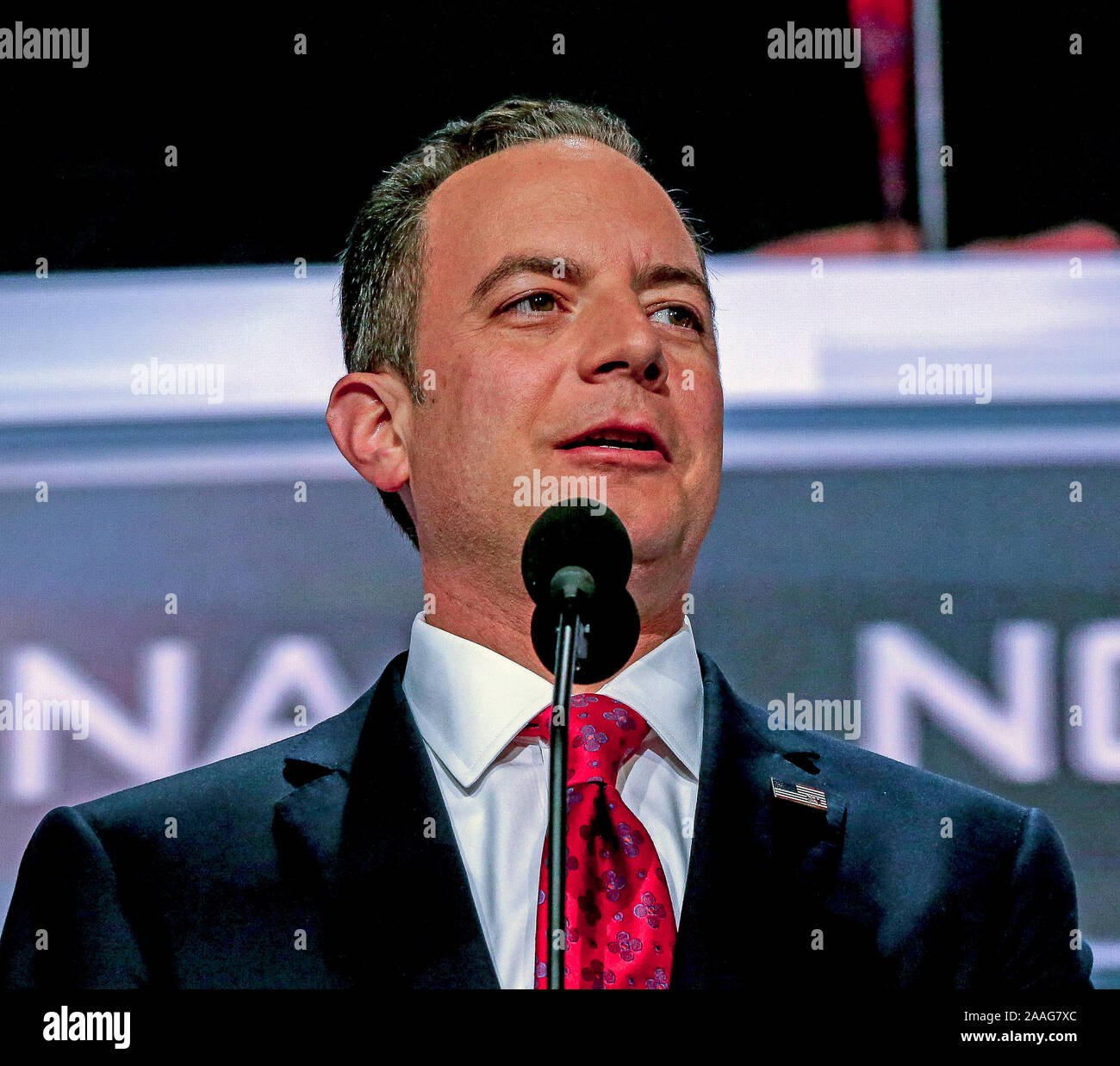 Cleveland, Ohio, USA, July 18, 2016 Republican National Committee Chairman Reince Priebus addressees the 2016 Republican National Nominating Convention from the podium in the Quicken Loans Arena Stock Photo