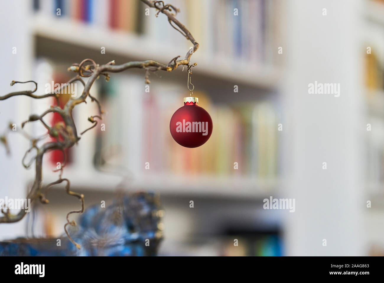 Close Up Of Red Christmas Ball At A Branch In Front Of Unsharp