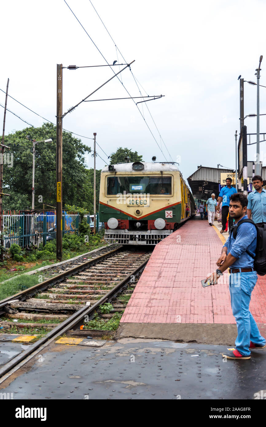 City Local train of the Indian Railways train has arrived at Bagbazar station. Kolkata, India on August 2019 Stock Photo