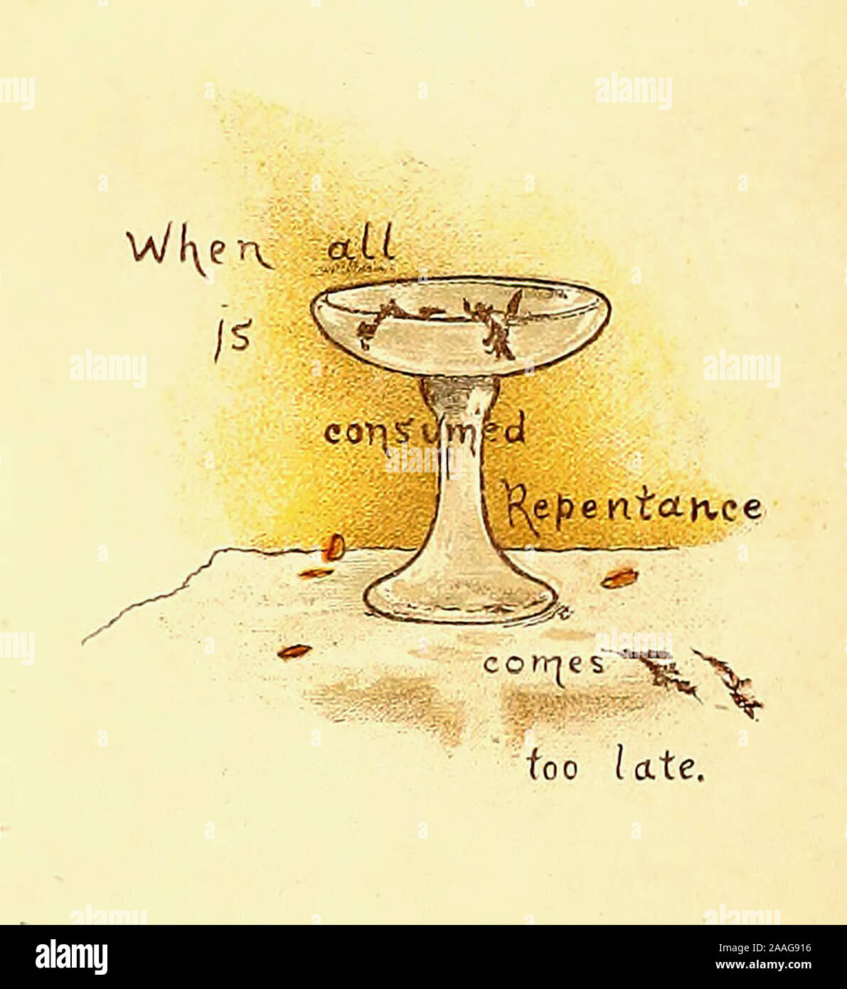 When all is consumed, Repentance comes to late - A Vintage Illustration of an Old Proverb Stock Photo