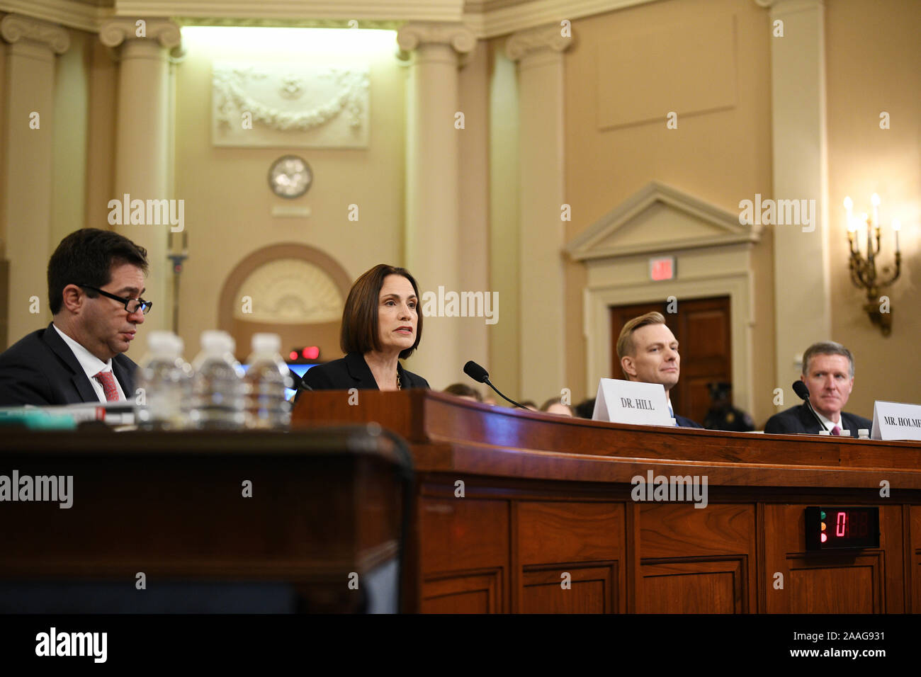 Washington, USA. 21st Nov, 2019. Fiona Hill (2nd L), former National Security Council senior director for Europe and Russia, and David Holmes (2nd R), a staffer from the U.S. Embassy in Ukraine, testify before the U.S. House Intelligence Committee on Capitol Hill in Washington, DC, the United States, on Nov. 21, 2019. The last two witnesses scheduled for publicly testifying before a House panel as part of an impeachment inquiry into U.S. President Donald Trump offered their narratives of events relating to the investigation on Thursday. Credit: Liu Jie/Xinhua/Alamy Live News Stock Photo