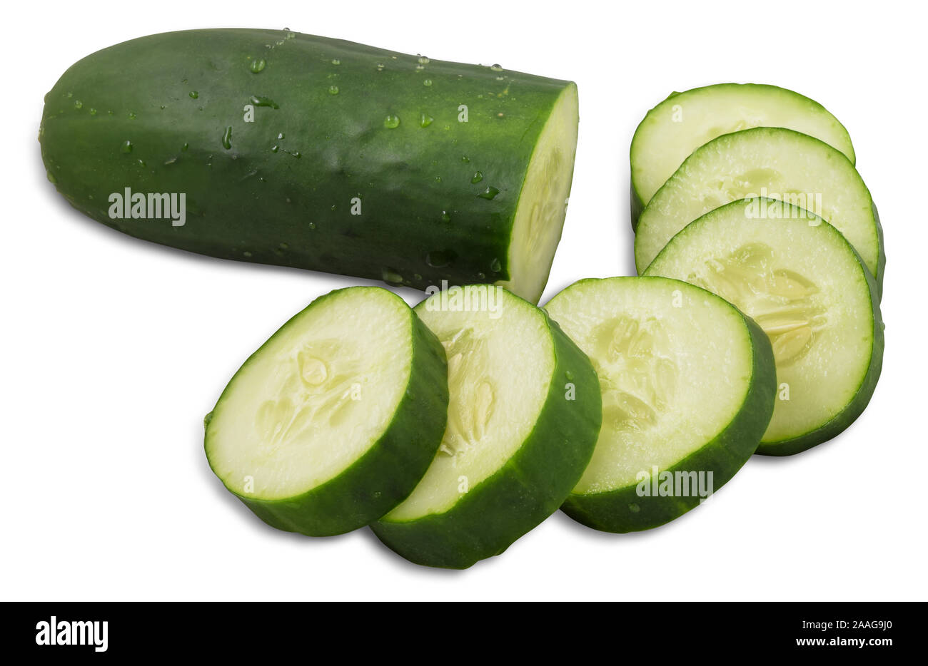 Cucumber Halved and Sliced Isolated on White Background with Clipping Path. Stock Photo