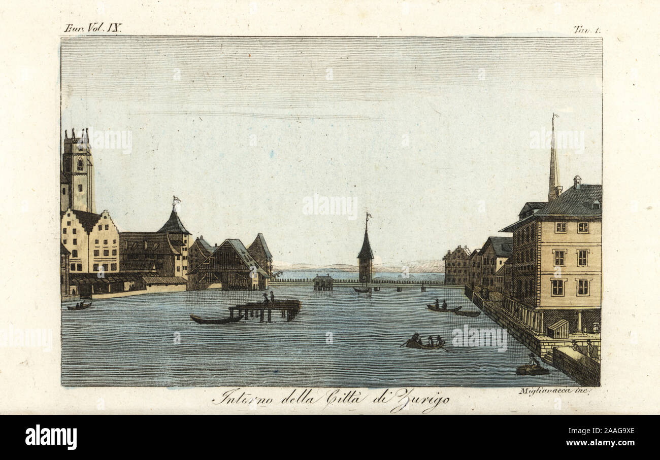 View of the city of Zurich, bridge over the River Limmat and Lake Zurich, Switzerland, early 19th century. Interno della Citta di Zurigo. Handcoloured copperplate engraving by Migliavacca after Giulio Ferrario in his Costumes Ancient and Modern of the Peoples of the World, Il Costume Antico e Moderno, Florence, 1837. Stock Photo