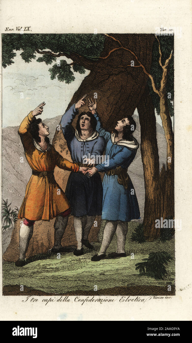 The three confederates or Eidgenossen of the Old Swiss Confederacy, 1307. Walter Furst from Uri, Werner Stauffach from Schwyz, and Arnold von Melchtal of Unterwalden. I tre capi della Confederazione Elvetica. Handcoloured copperplate engraving by Verico from Giulio Ferrario’s Costumes Ancient and Modern of the Peoples of the World, Il Costume Antico e Moderno, Florence, 1837. Stock Photo