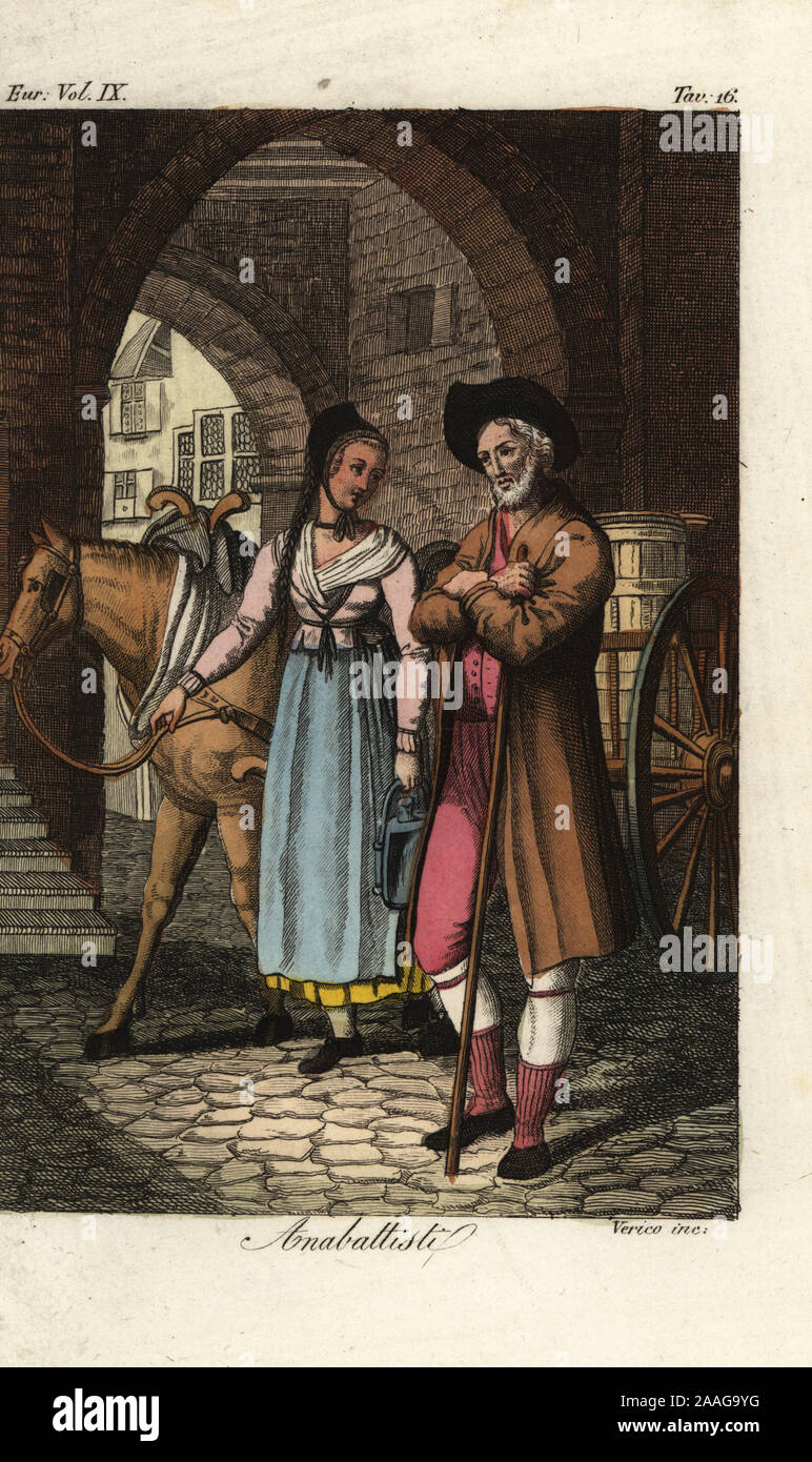 Milk-vendor Anabaptists of Basel, Switzerland, 16th century. Anabattisti. Handcoloured copperplate engraving by Verico from Giulio Ferrario’s Costumes Ancient and Modern of the Peoples of the World, Il Costume Antico e Moderno, Florence, 1837. Stock Photo