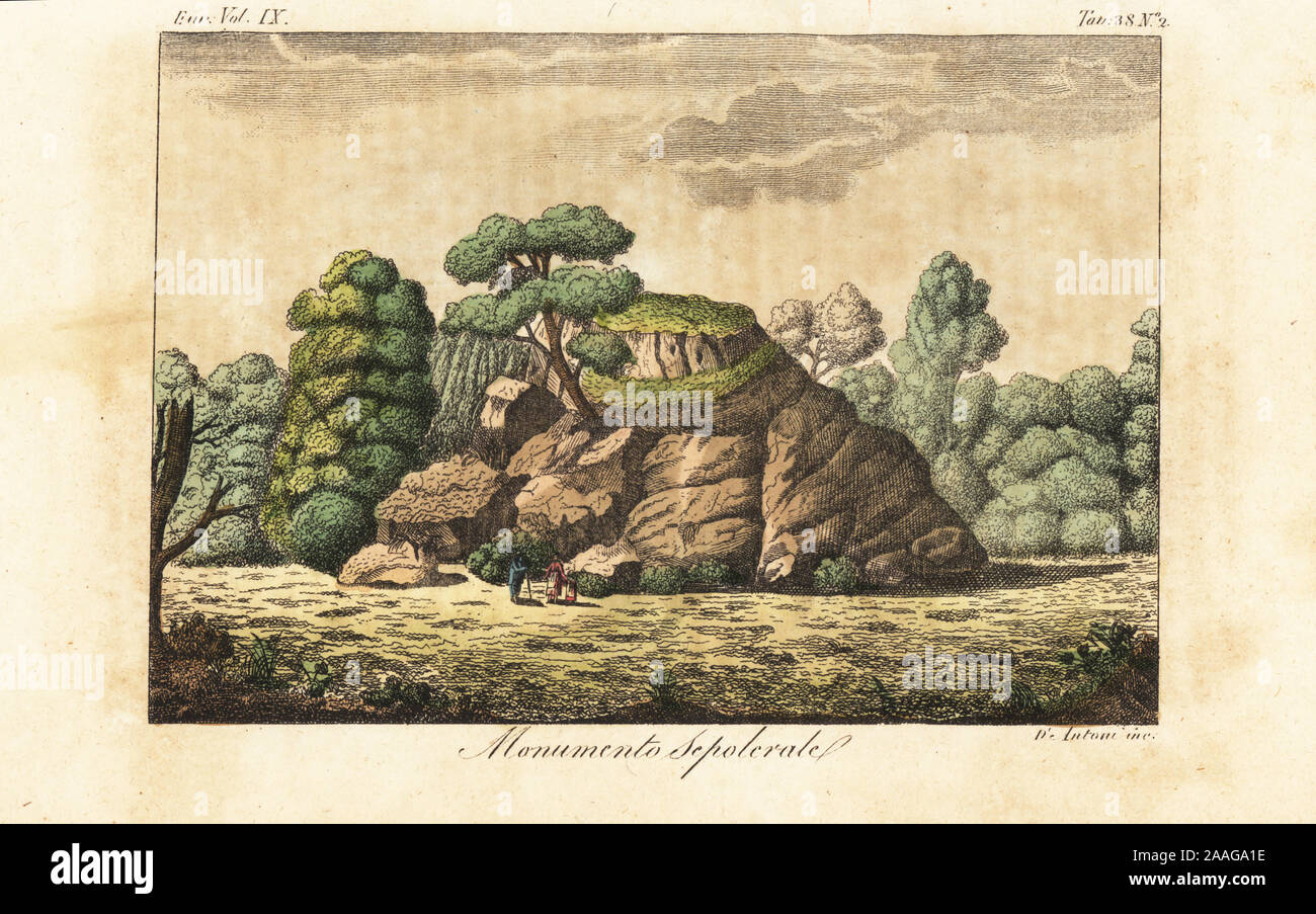 Ancient sepulchral monument in Germany. Burial mound or tumulus or the ancient Germanic people. Monumento Sepolcrale. Handcoloured copperplate engraving by Antoni from Giulio Ferrario’s Costumes Ancient and Modern of the Peoples of the World, Il Costume Antico e Moderno, Florence, 1837. Stock Photo