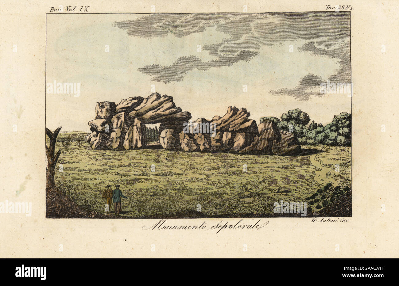Ancient sepulchral monument in Germany. Stone megalith structure of the ancient Germanic people. Monumento Sepolcrale. Handcoloured copperplate engraving by Antoni from Giulio Ferrario’s Costumes Ancient and Modern of the Peoples of the World, Il Costume Antico e Moderno, Florence, 1837. Stock Photo