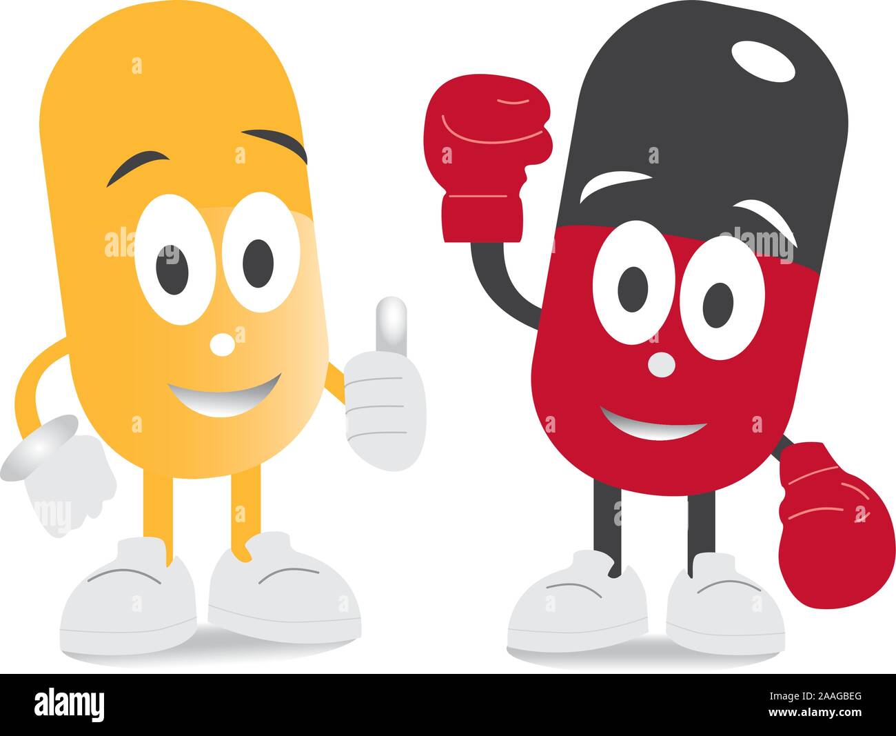 Red and yellow capsules characters with shadows. Strong guard pills in boxing gloves. Flat cartoon character illustration icon design. Isolated on whi Stock Vector