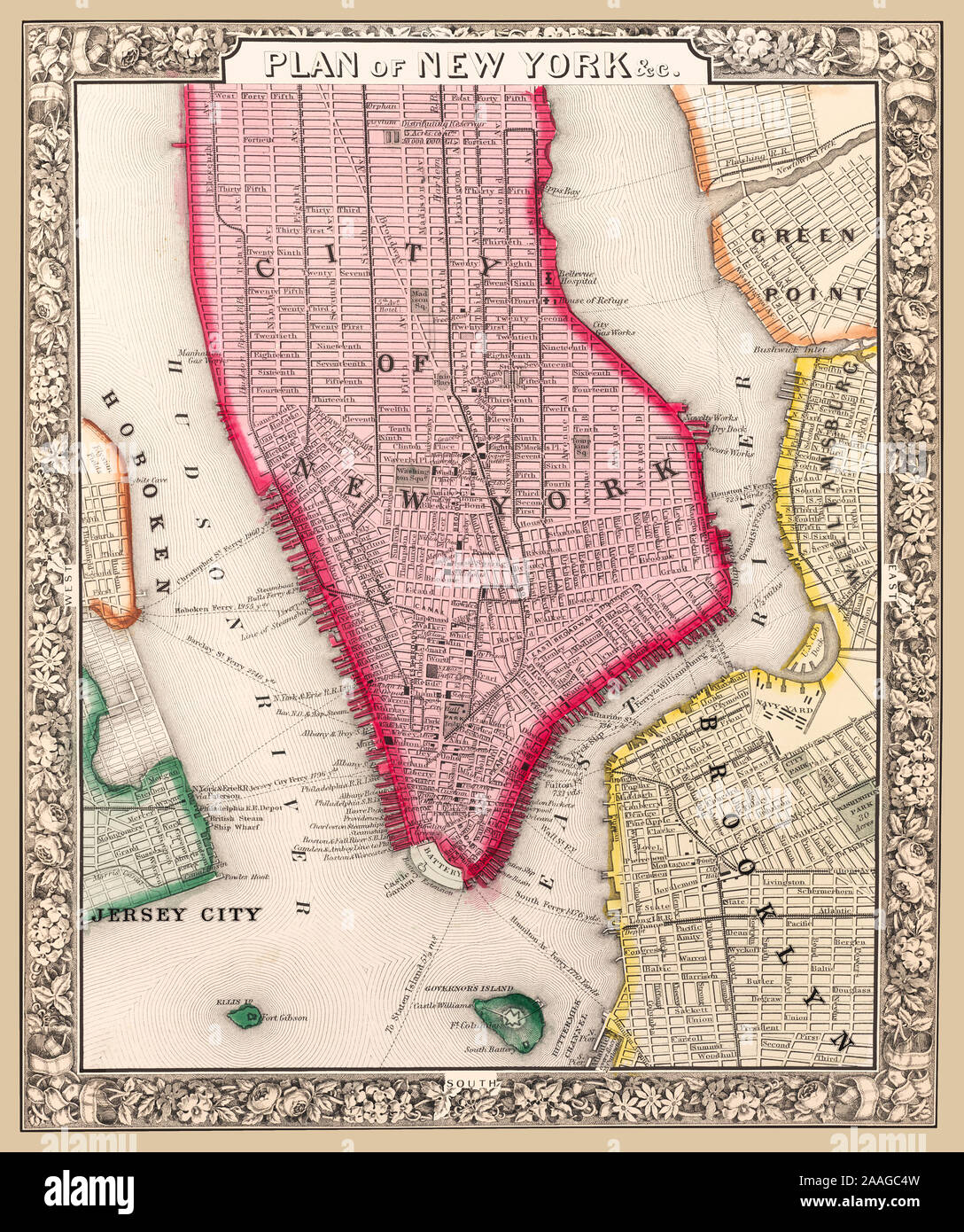 Restored Reproduction of a map on New York City, produced in 1863, showing ferry routes before bridges were built. Stock Photo