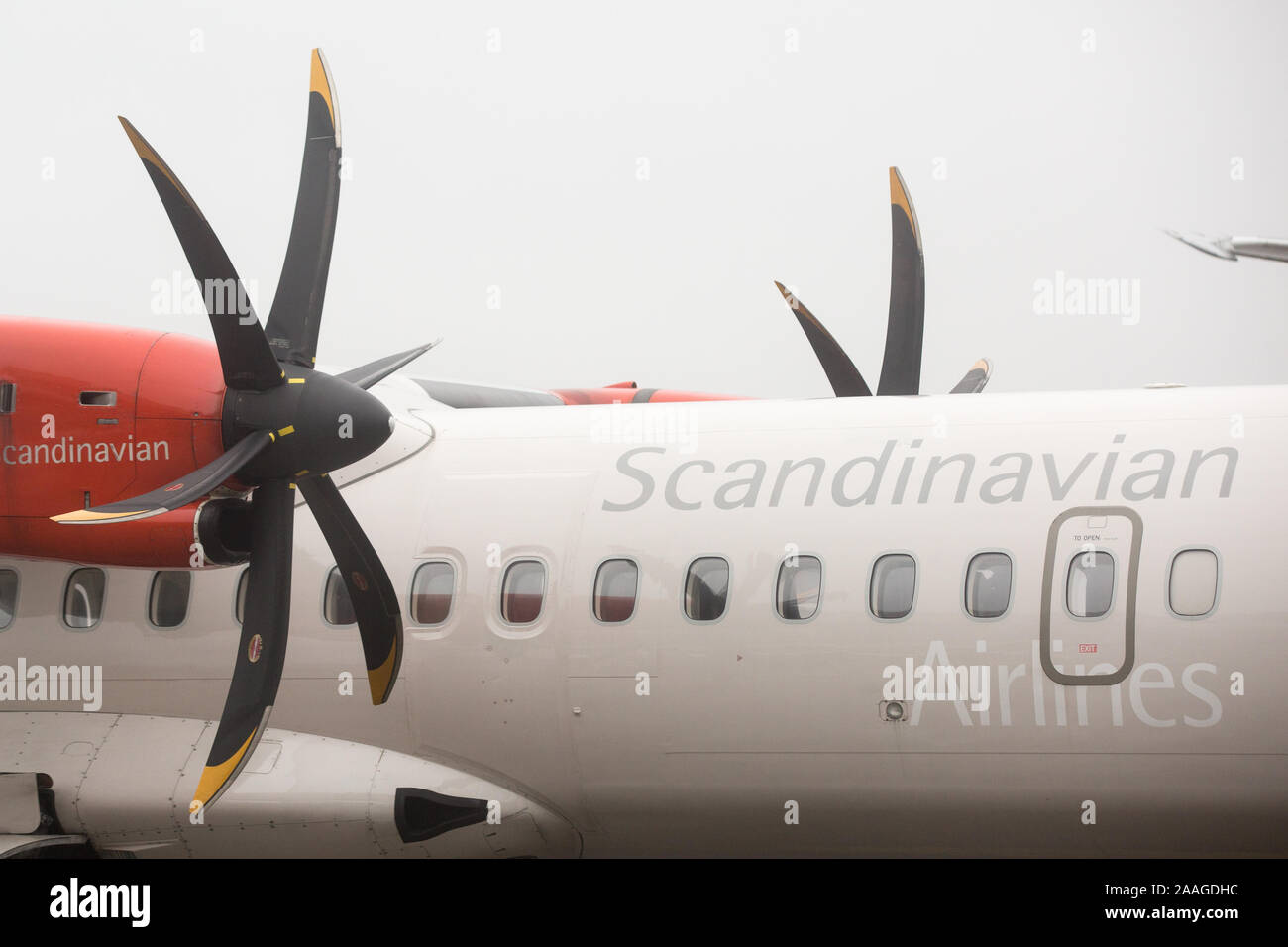 A view of the propeller of a Scandinavian Airlines System ATR 72600