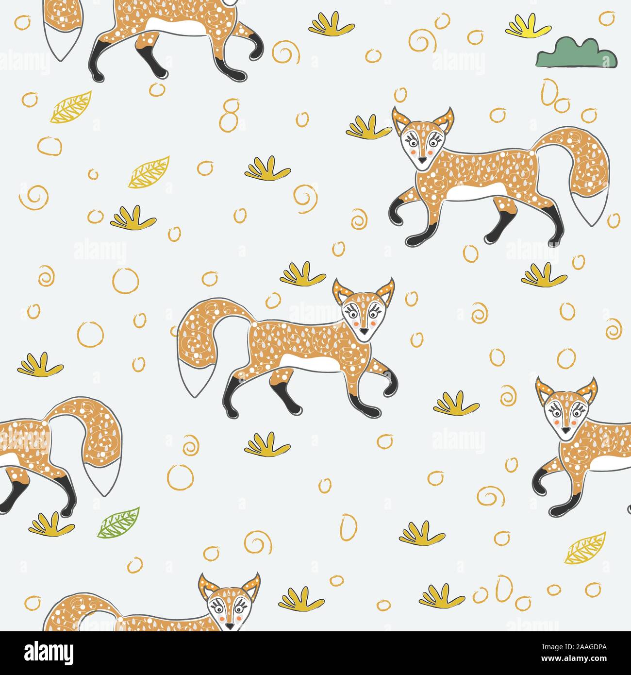 Seamless Pattern with cute hand drawn Fox. Scandinavian Style. Vector ...
