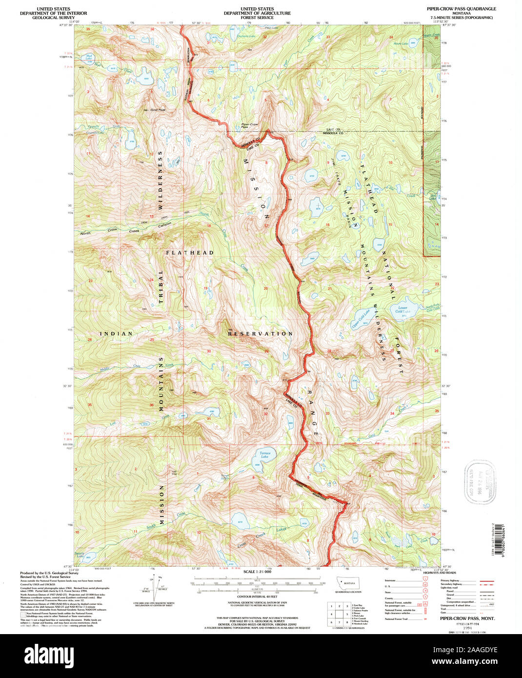 USGS TOPO Map Montana MT Piper-Crow Pass 266046 1994 24000 Restoration Stock Photo