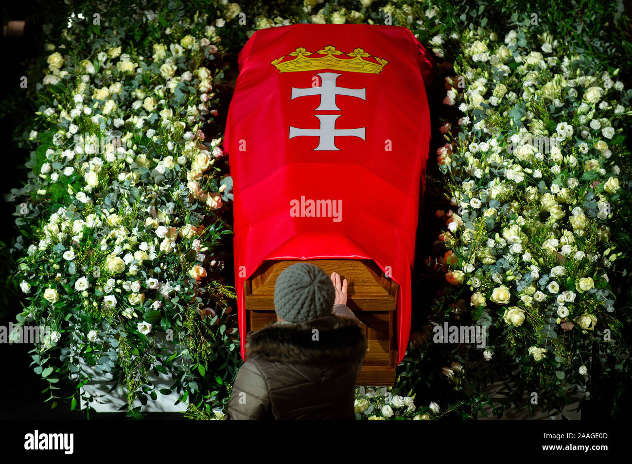 A view of a coffin with the body of Pawel Adamowicz at the European Solidarity Center two days before his funeral ceremony.Mayor of Gdansk, Pawel Adamowicz was stabbed on stage while attending a charity event in Gdansk on 13 January and died a day later of his injuries. Stock Photo