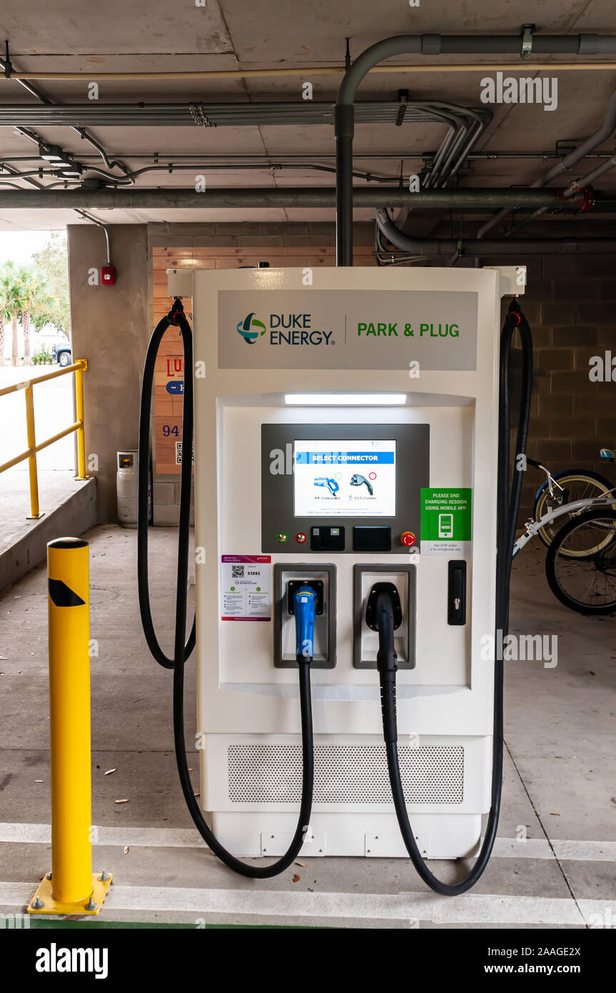 A Duke Energy Park and Plug electric car charging station in a public