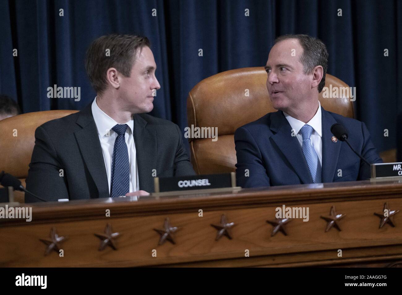 Washington, District of Columbia, USA. 21st Nov, 2019. Democratic Counsel  DANIEL S. GOLDMAN, Chairman of the House Intelligence Committee ADAM SCHIFF  (D-CA) chat before the hearing featuring the witness testimony of Dr.