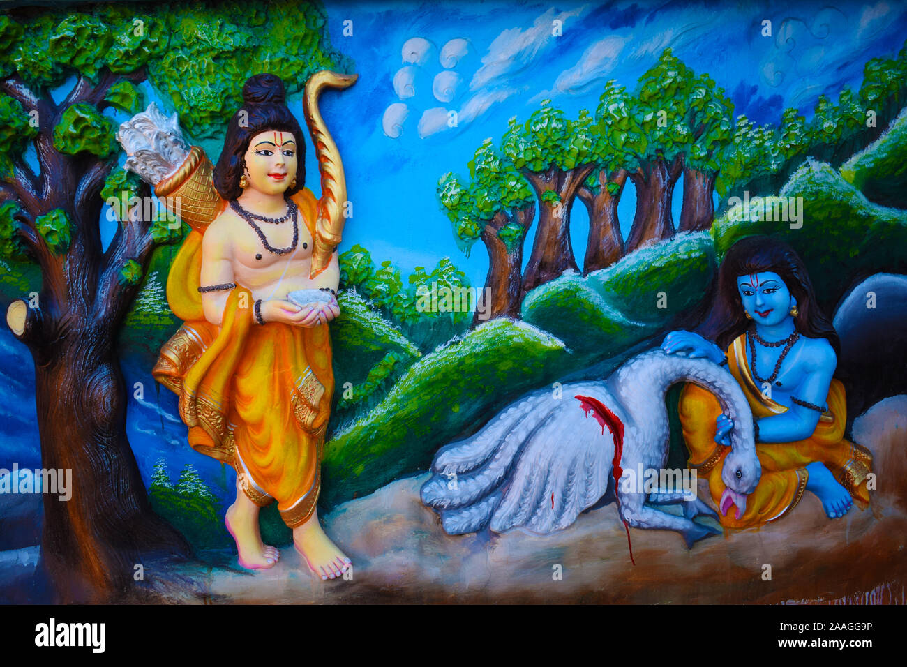 Lord Rama holds injured Jatayu in Ramayana, Jagannath Temple, Dibrugarh, Assam, India Stock Photo