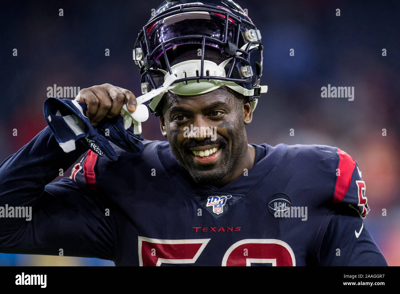 Houston, TX, USA. 21st Nov, 2019. Houston Texans outside linebacker Whitney Mercilus (59) walks off the field after an NFL football game between the Indianapolis Colts and the Houston Texans at NRG Stadium in Houston, TX. The Texans won the game 20 to 17.Trask Smith/CSM/Alamy Live News Stock Photo