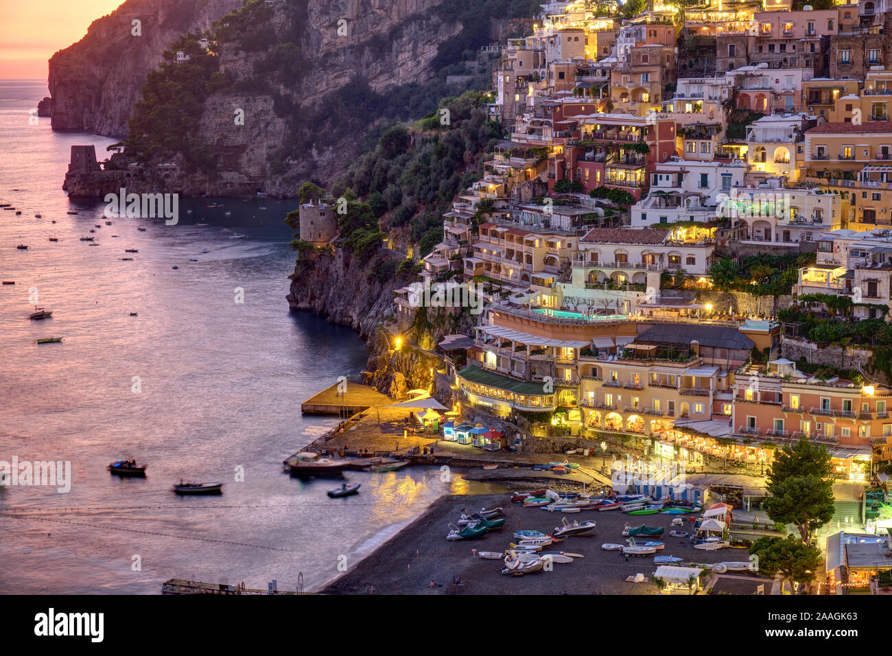 Detail of Positano on the italian Amalfi coast after sunset Stock Photo