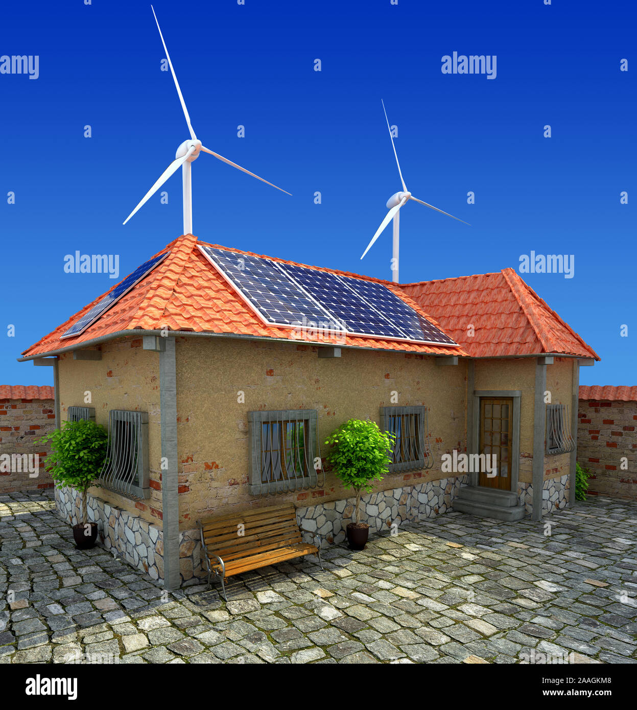 Home Solar energy - renewable energy concept	- solar energy system for house - 3d render Stock Photo