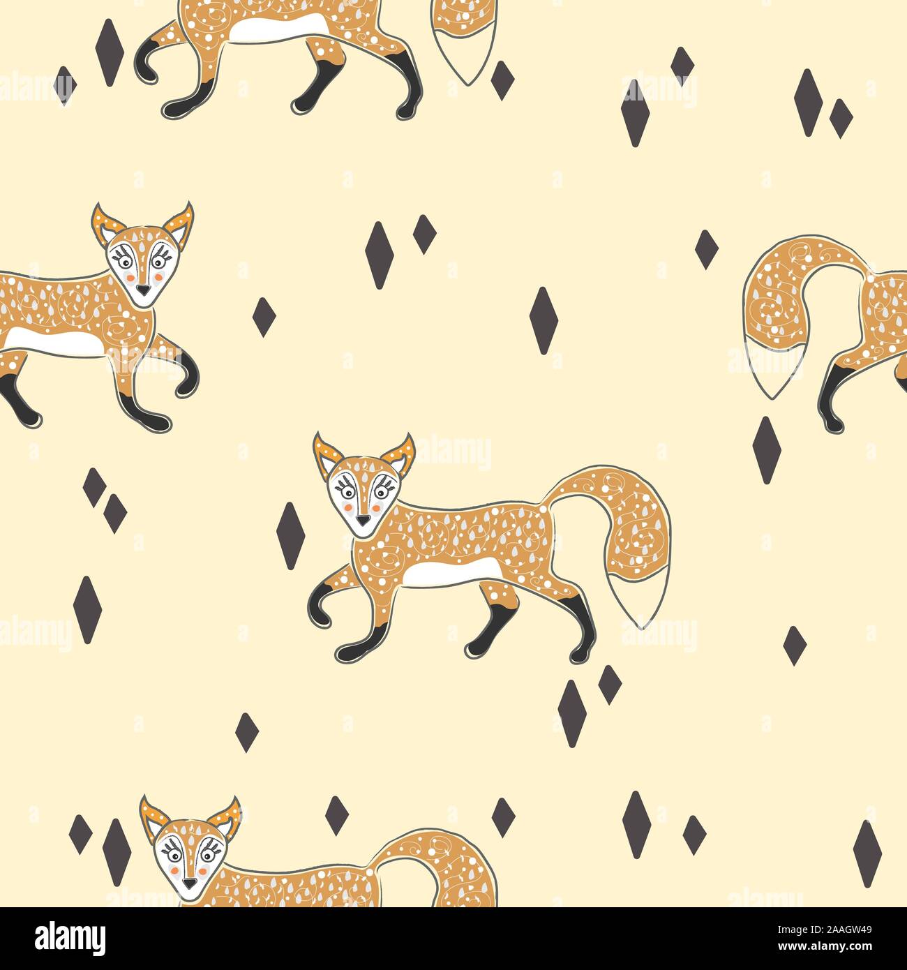 Seamless Pattern with cute hand drawn Fox. Scandinavian Style. Vector ...