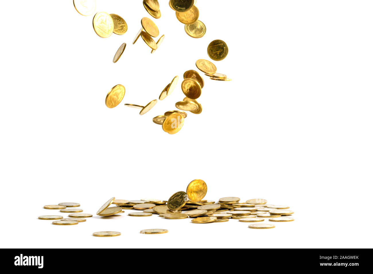 Falling gold coins money isolated on the white background, business ...