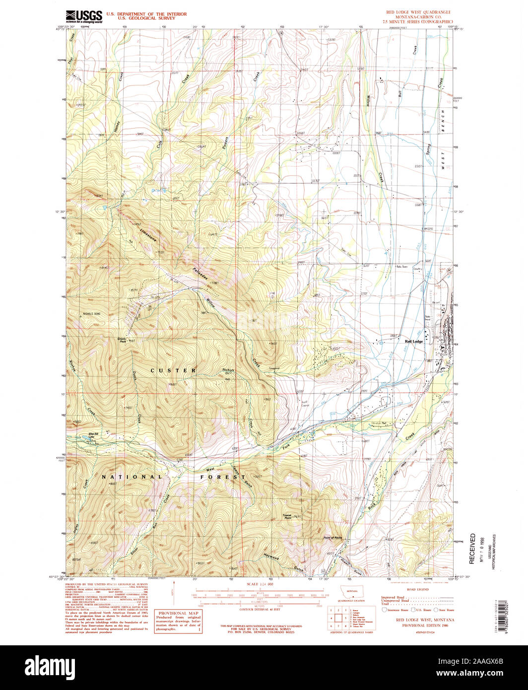 USGS TOPO Map Montana MT Red Lodge West 266267 1986 24000 geo Restoration Stock Photo