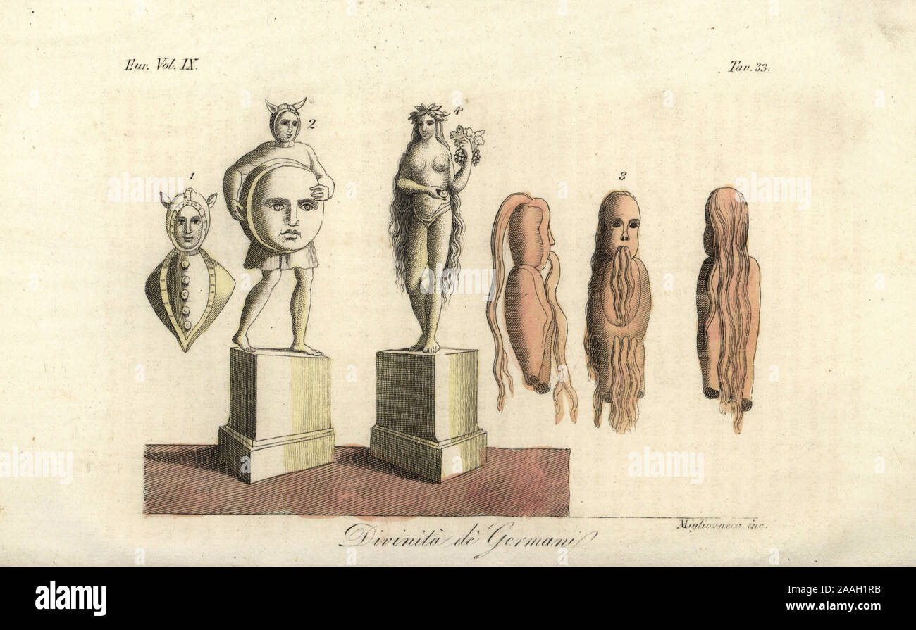 Ancient Germanic deities. Statue of the sun god Sunna 1, moon god Mani 2, witches, magas mulieres or Haliurunna 3, goddess of fertility Ziwa or Siva 4. Divinita di Germani. Handcoloured copperplate engraving by Migliavacca from Giulio Ferrario’s Costumes Ancient and Modern of the Peoples of the World, Il Costume Antico e Moderno, Florence, 1837. Stock Photo
