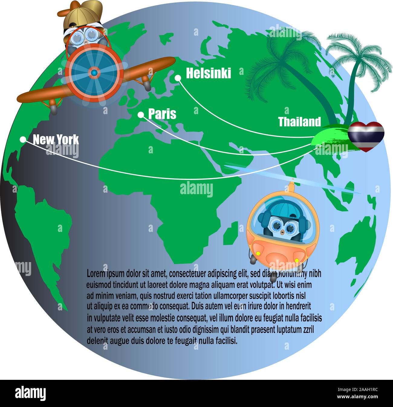 Aircraft flight routes on a map. a holiday in the Thailand. vector
