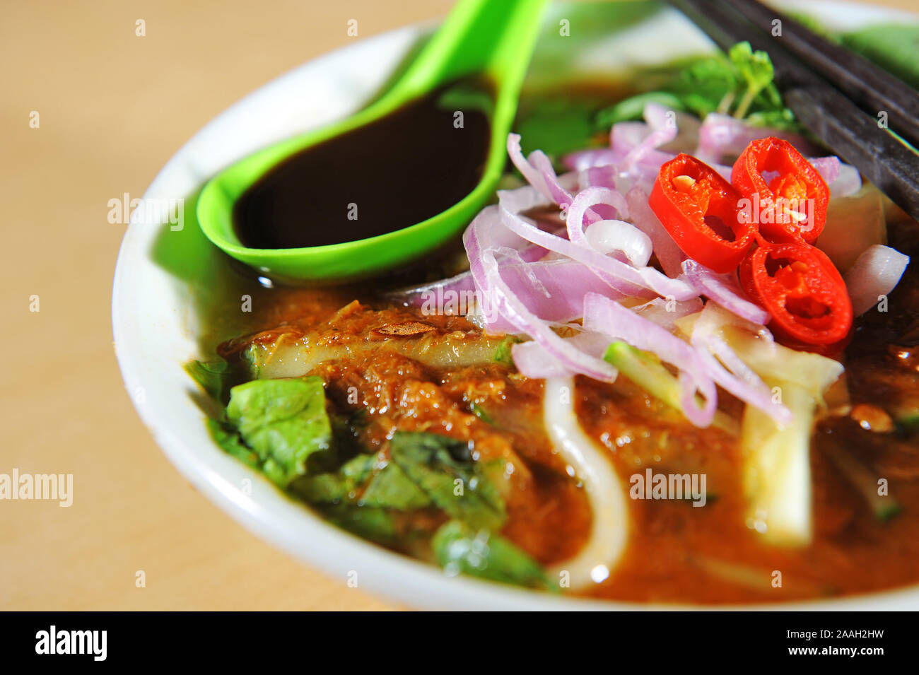 Laksa Is A Spicy Noodle Soup Popular In The Peranakan Cuisine Selective Focus Of A Bowl Of Laksa Known In Malay Stock Photo Alamy