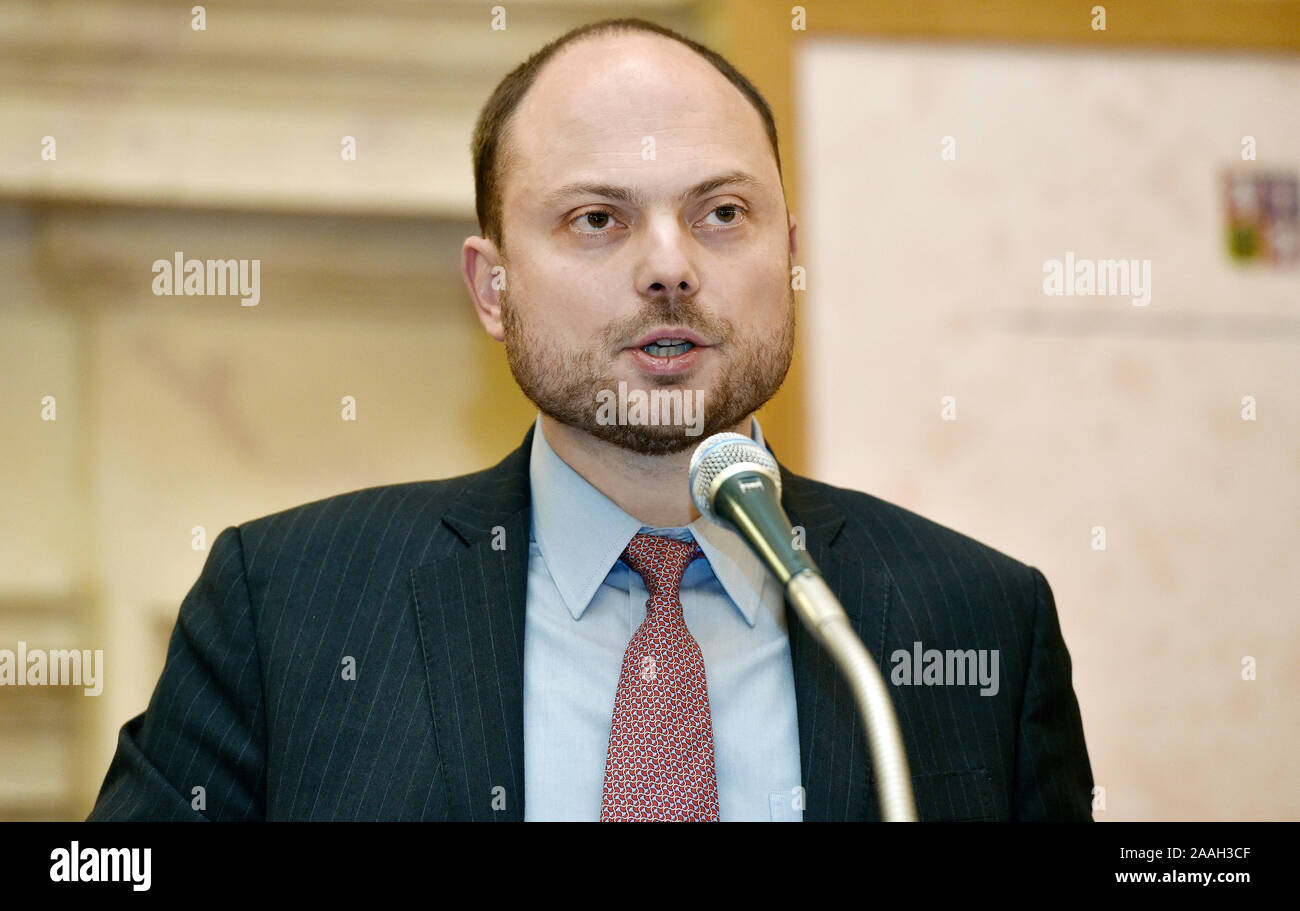 In the first mentioned section, this year's award is going to Vladimir Kara-Murza, a Russian journalist, activist and long-term critic of Vladimir Putin's regime. Kara-Murza, who was an aide and friend of the murdered politician Boris Nemtsov, has been active with the conservative-liberal opposition forces. He is the president of the Open Russia movement and coordinates the project of Free Elections in Russia. A Russian journalist VLADIMIR KARA-MURZA receives award by the Institute for the Study of Totalitarian Regimes (USTR) in Prague's Wallenstein Palace, the seat of the upper house of parli Stock Photo