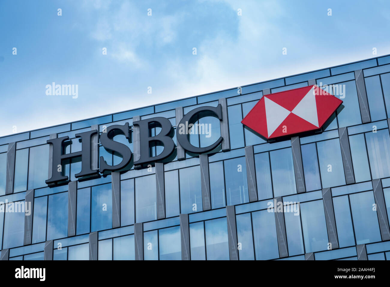 Milan, Italy: HSBC bank logo on the building of company headquarters in Milan Stock Photo
