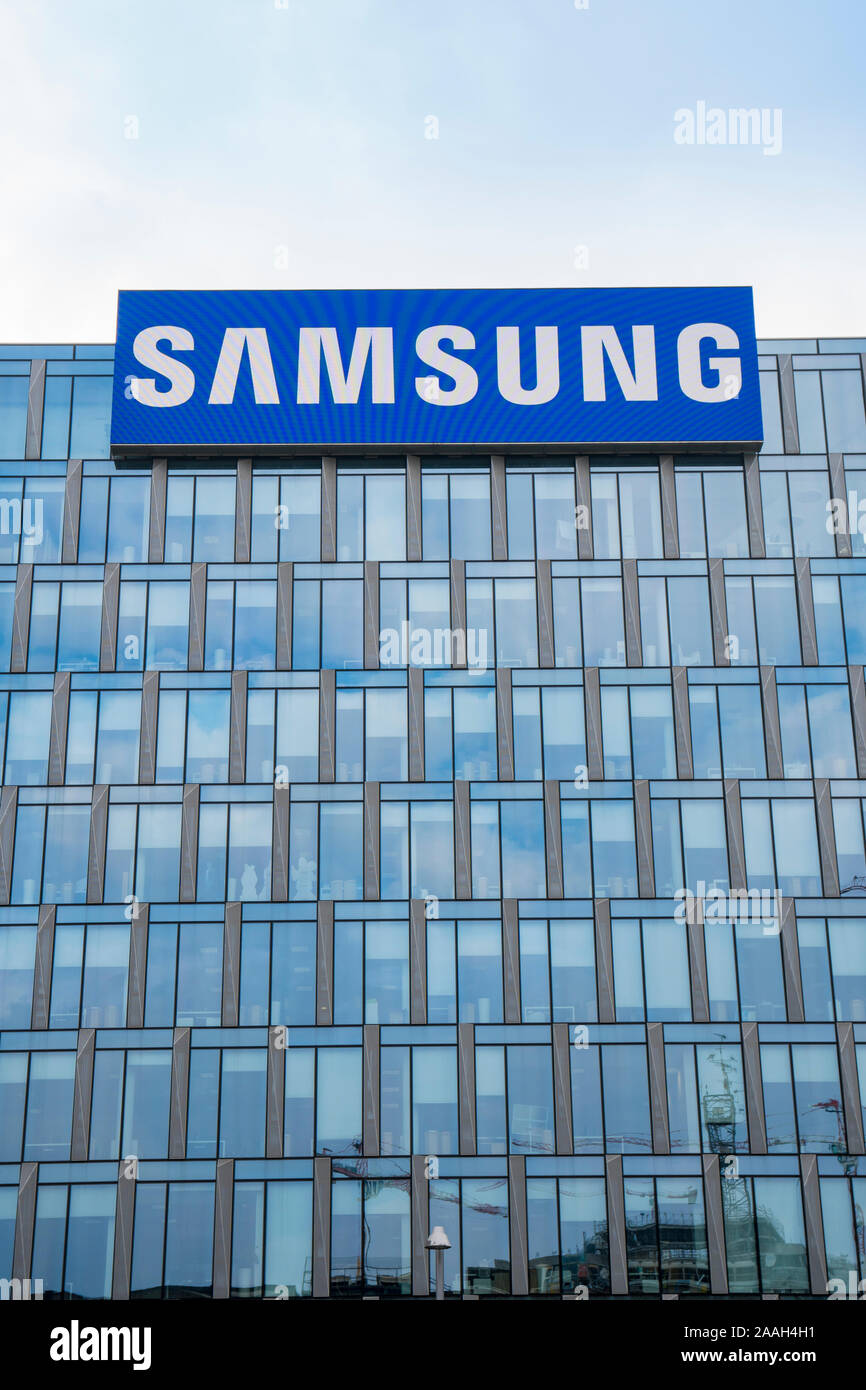 Milan, Italy: Giant Ledwall with the Samsung logo above the building of the company headquarters in Milan Stock Photo