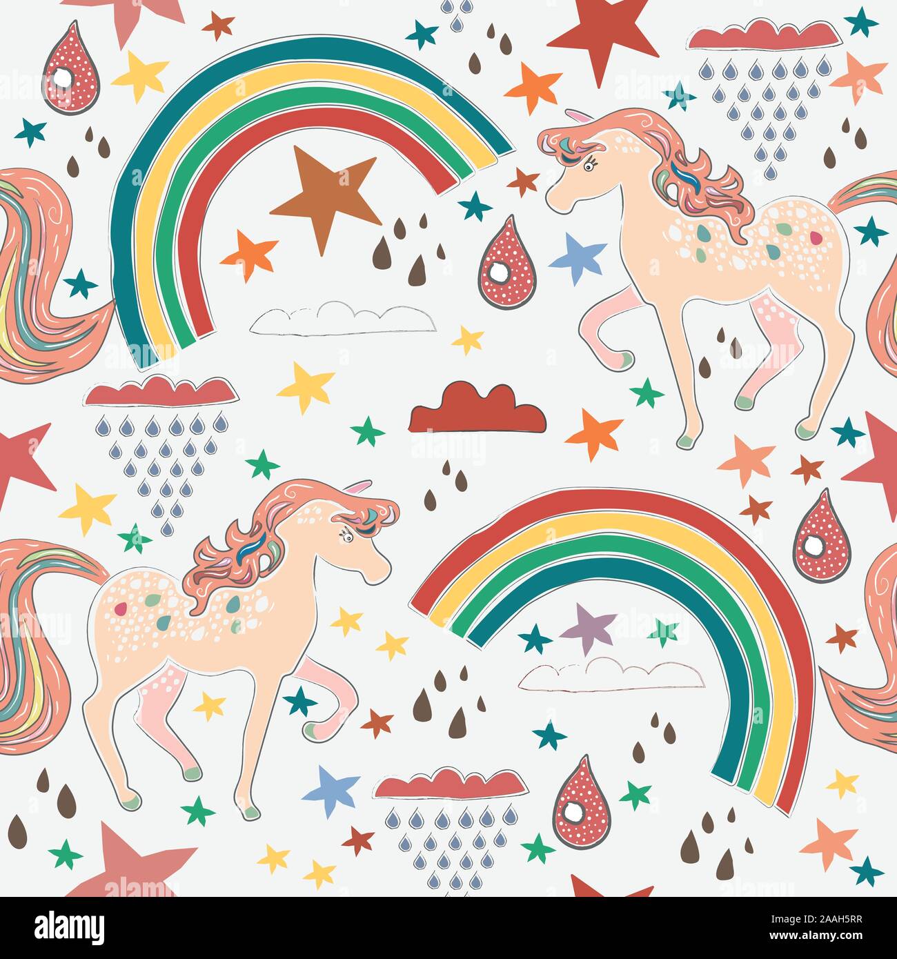 Seamless Terracotta pattern with Unicorns and rainbows. Repeating pattern. Childish Design. Vector Illustration Stock Vector