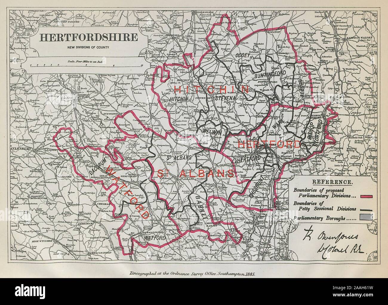 Hertfordshire Parliamentary Divisions. Watford. BOUNDARY COMMISSION 1885 map Stock Photo