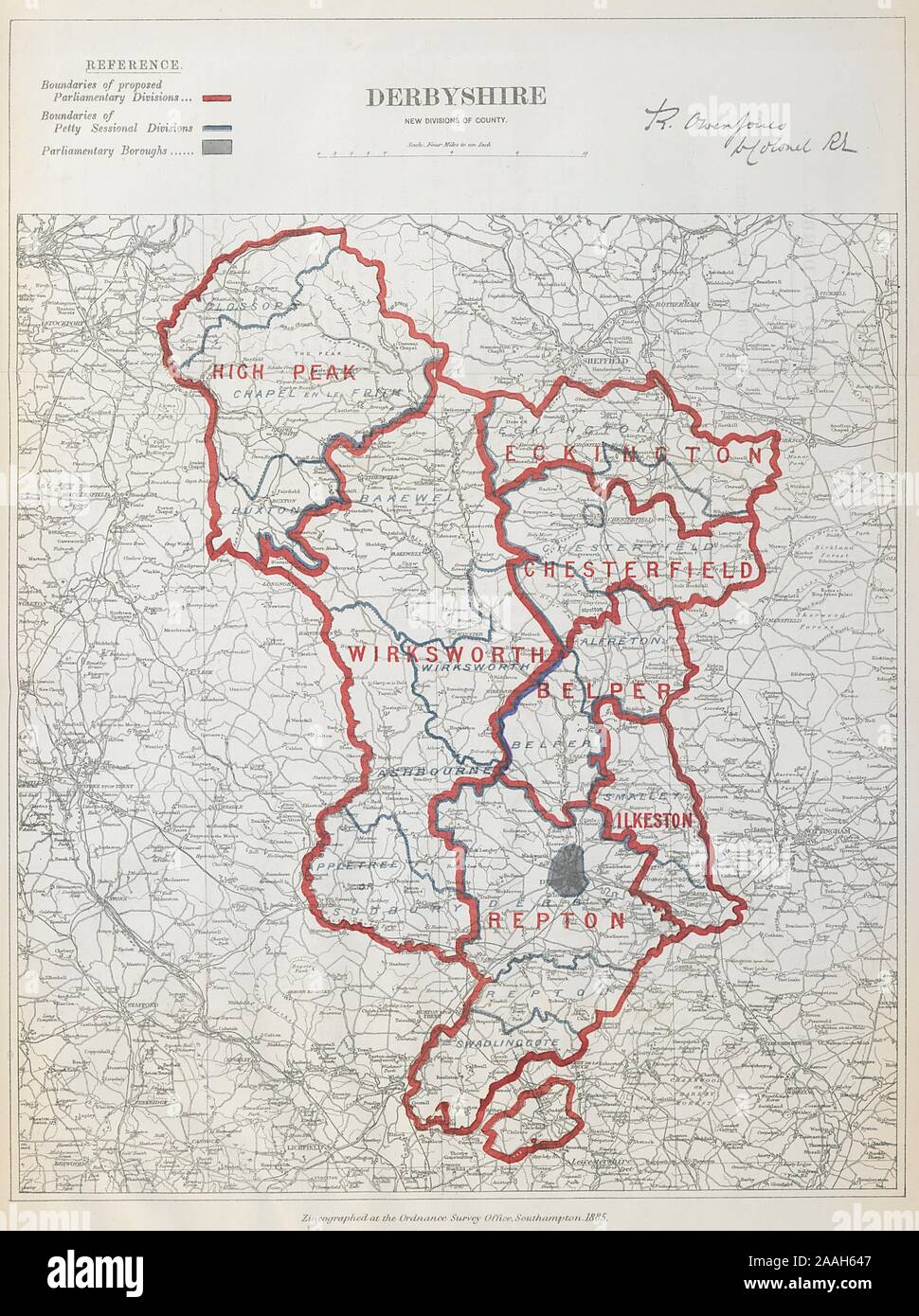Derbyshire Parliamentary Divisions. Repton Belper. BOUNDARY COMMISSION 1885 map Stock Photo