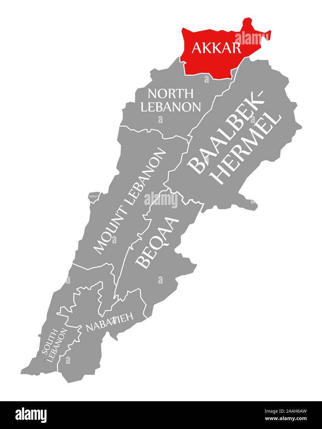 Akkar red highlighted in map of Lebanon Stock Photo Alamy