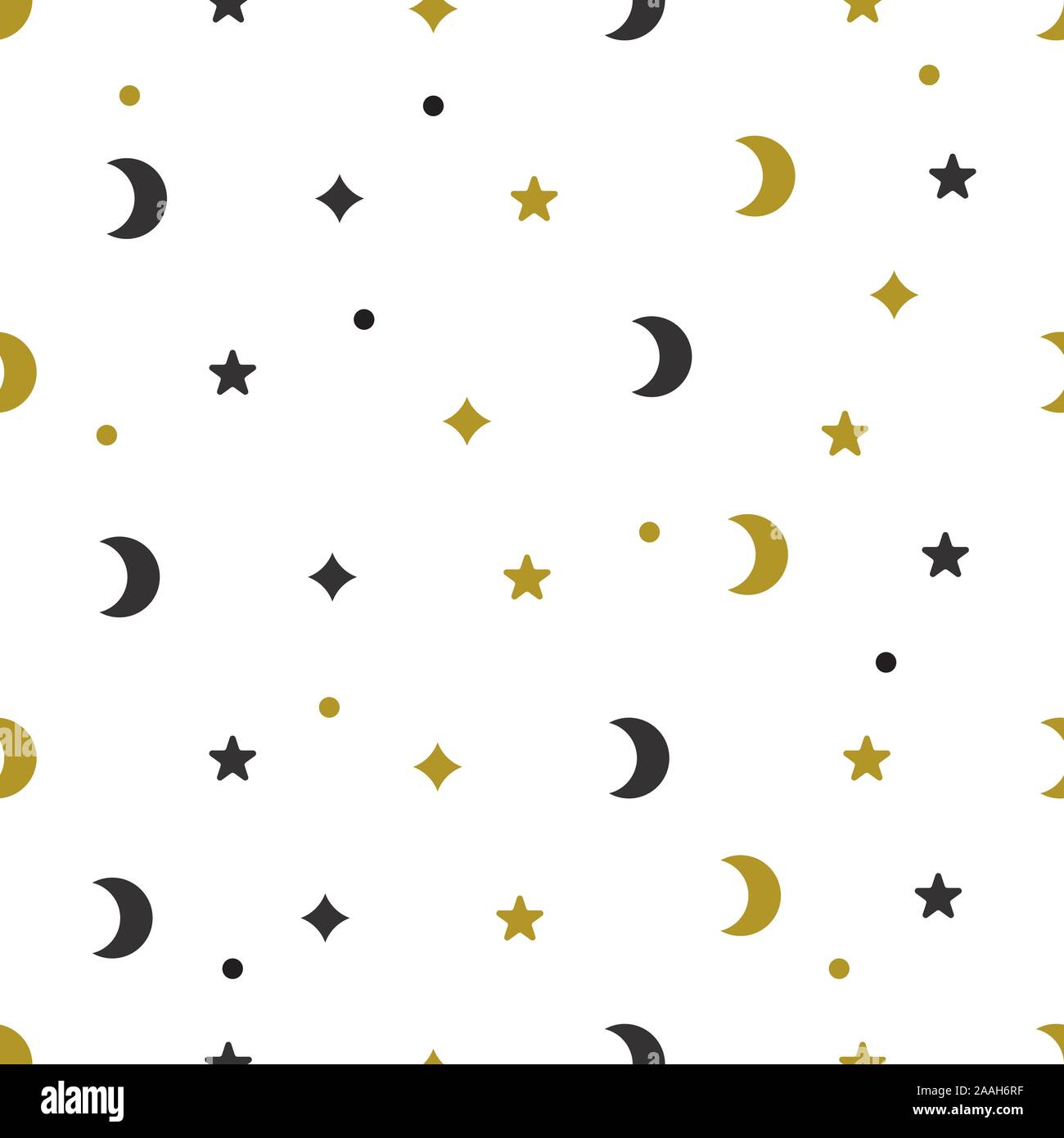 Christmas seamless pattern with moon, stars and dots, vector white