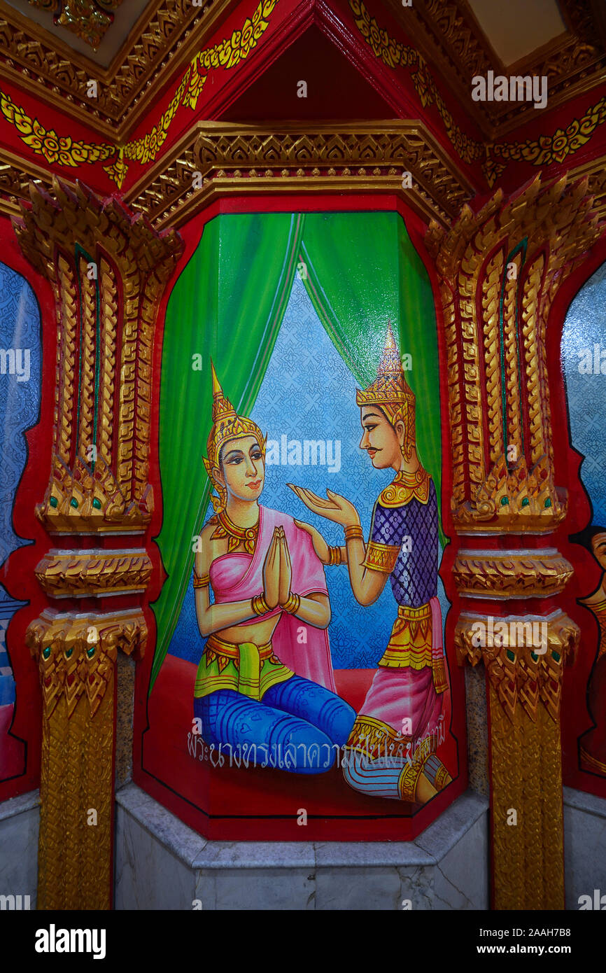 Wandgemälde im Innenraum des  Wat Chalong, größter Tempel auf Phuket, Thailand Stock Photo