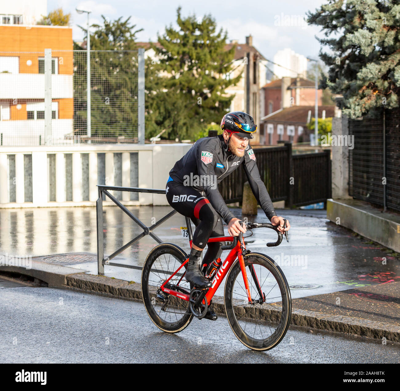 Meudon, France - March 4, 2018: The Luxembourgish cyclist, Axel Domont of BMC Racing Team, riding during Paris-Nice 2018. Stock Photo