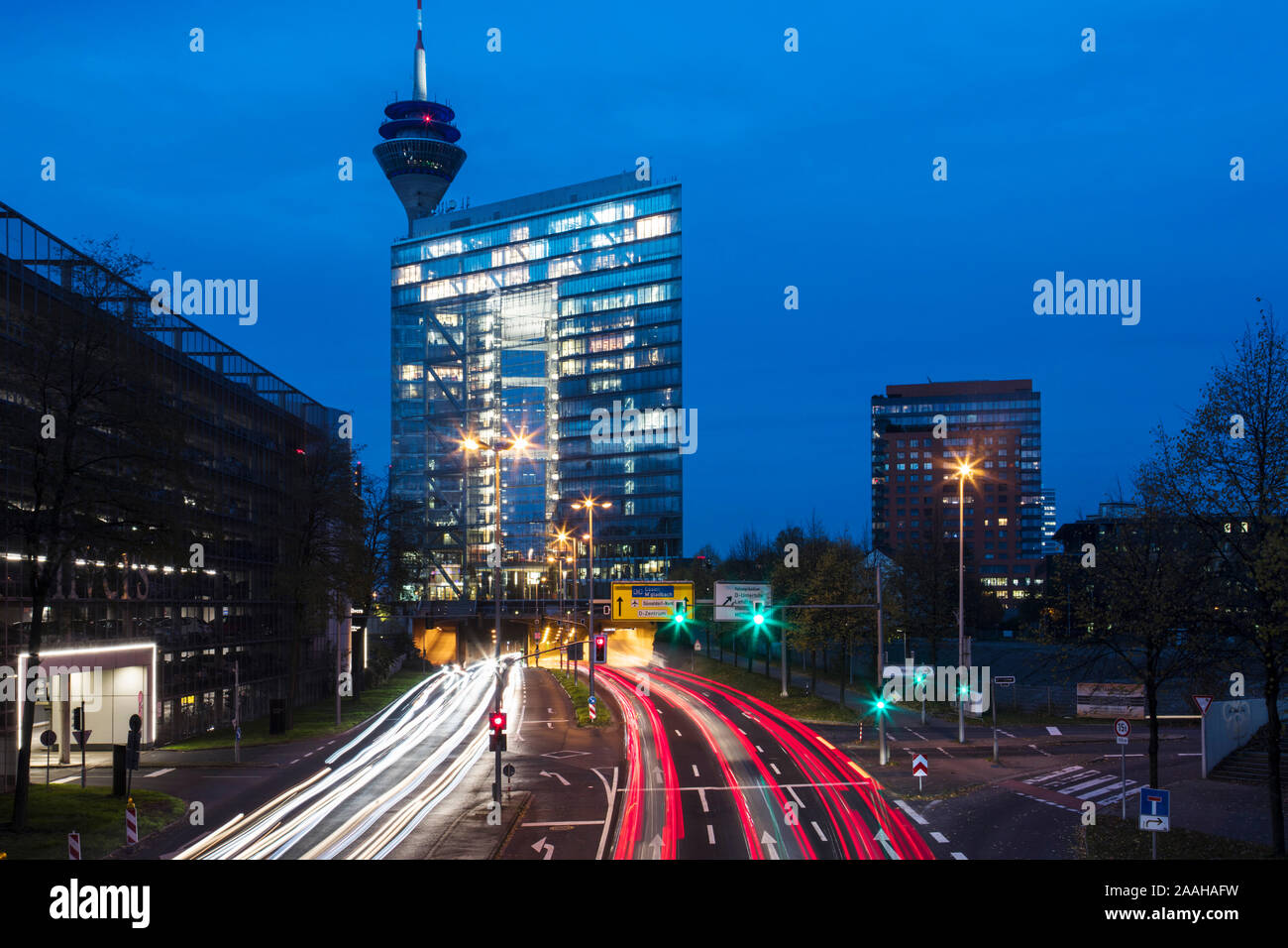 Entrance to the Rheinufer tunnel in front of the Stadttor in Dusseldorf. Stock Photo