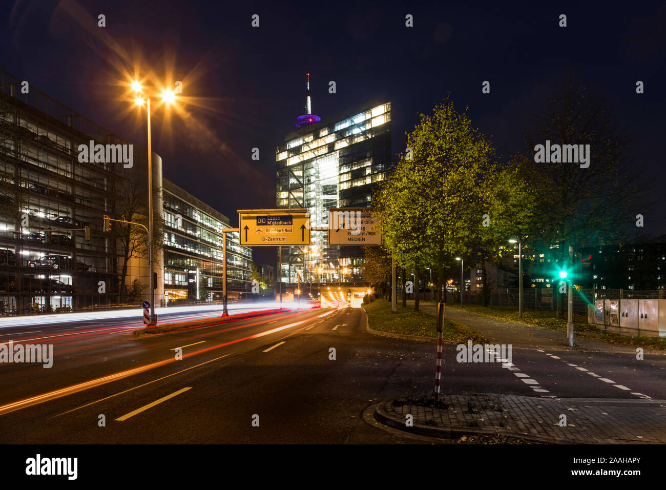 Entrance to the Rheinufer tunnel in front of the Stadttor in Dusseldorf. Stock Photo