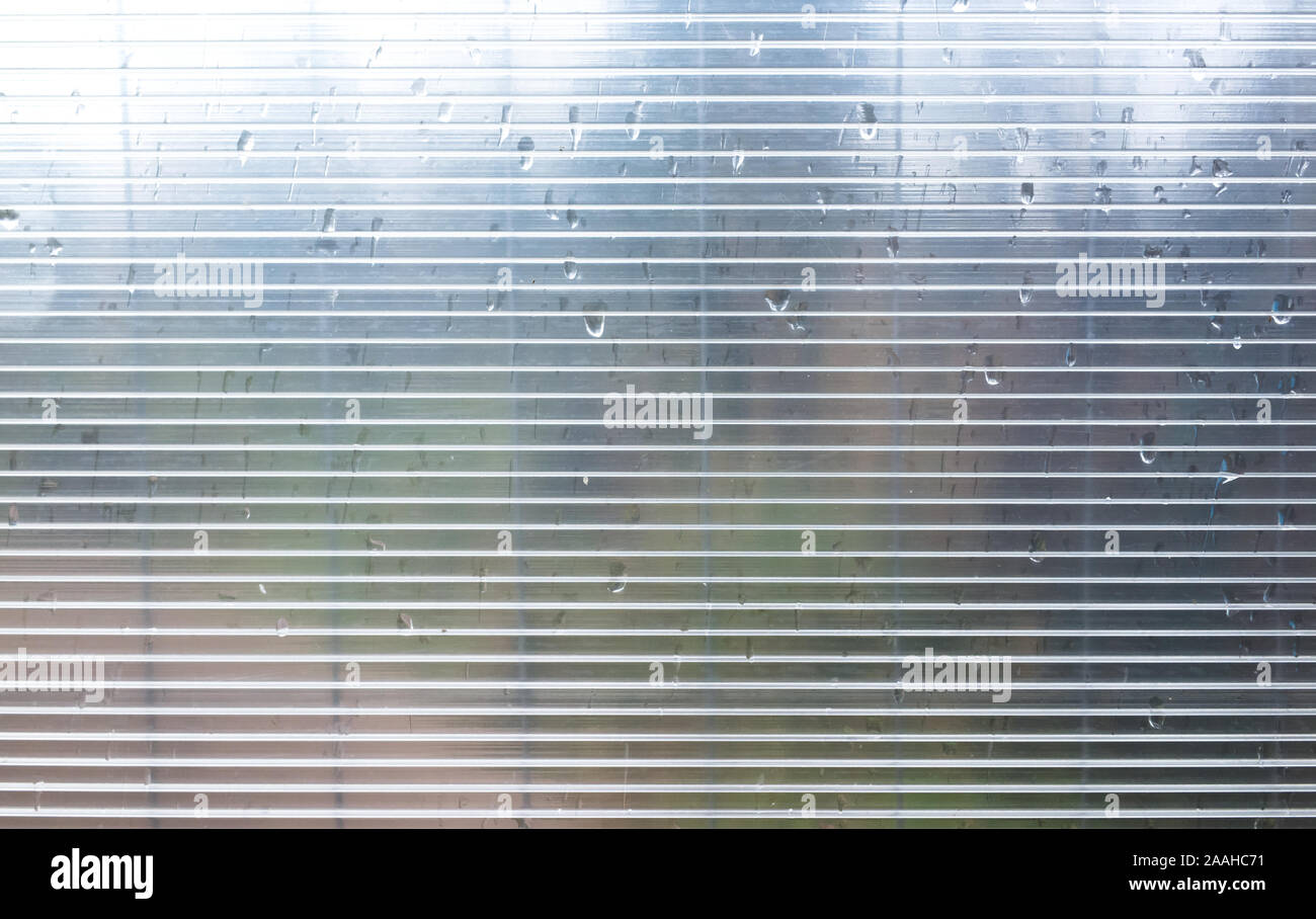 Polycarbonate sheet with water drops on it, flat background photo texture Stock Photo